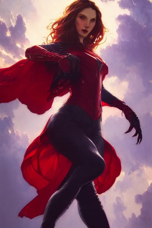 Image similar to gta scarlet witch profile picture by greg rutkowski, dynamic pose, intricate, futuristic, fantasy, elegant, by stanley artgerm lau, greg rutkowski, thomas kindkade, alphonse mucha, loish, norman rockwell, fantasy lut, asymmetric, long hair, retro computer graphics, video game, fluid lines,