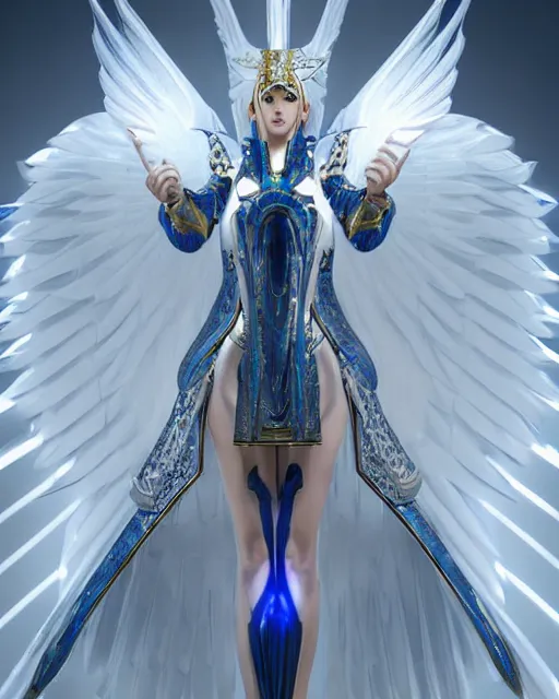 Image similar to perfect ornate white haired attractive egyptian goddess with huge white dove wings, warframe armor, beautiful, symmetric, dreamy, half asian, pretty face, blue eyes, detailed, scifi platform, laboratory, experiment, 4 k, ultra realistic, epic lighting, android body, illuminated, cinematic, masterpiece, art by akihito tsukushi, voidstar