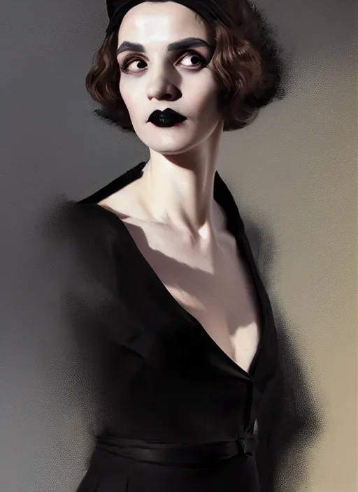 Prompt: portrait of a round faced woman with a crooked nose and a confident expression, 1 9 6 0 s, black clothes, goth, punk, funk, intricate, elegant, highly detailed, digital painting, artstation, concept art, smooth, sharp focus, illustration, art by wlop, mars ravelo and greg rutkowski