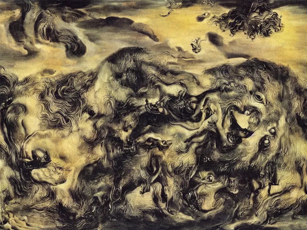 Image similar to wolf in heavy rainstorm. painting by salvador dali, lucas cranach