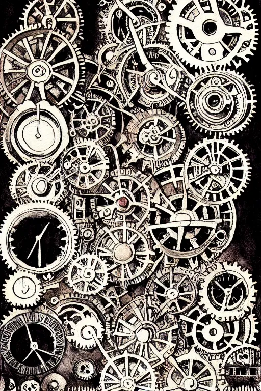 Image similar to steampunk gears, and eternal clock without numbers, dark and gothic, full frame, art by kay nielsen and walter crane, black and white illustration style, watercolor