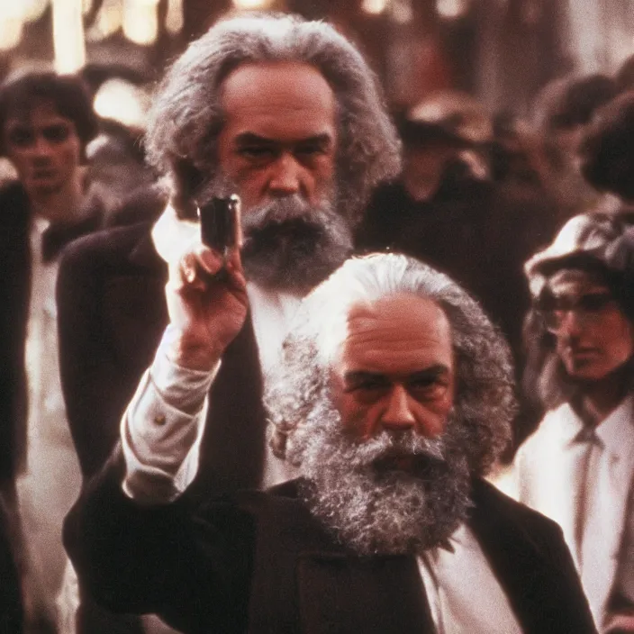 Prompt: very detailed 70s movie still of Karl Marx, cinestill 800t 10mm 4k, grainy picture