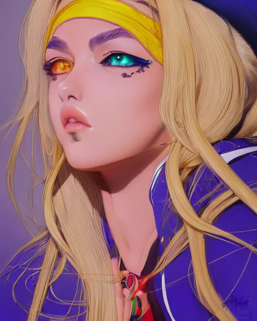 Image similar to portrait of madison beer, beautiful, elegant colorful, inspired by steel ball run manga, artstation trending, deviantart, highly detailed, focus, smooth, illustrated by hirohiko araki