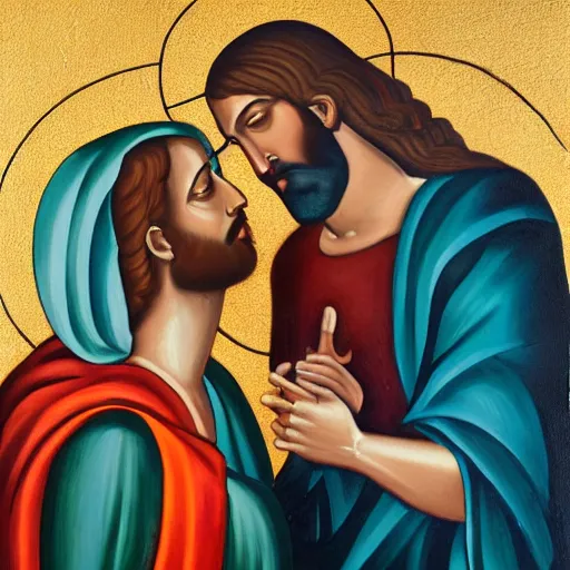 Image similar to 1 8 th oil panting of a jesus kissing a woman