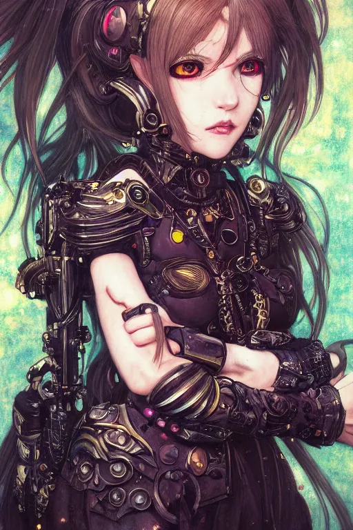 Image similar to portrait of beautiful young gothic anime maiden, cyberpunk, Warhammer, highly detailed, artstation, illustration, art by Gustav Klimt