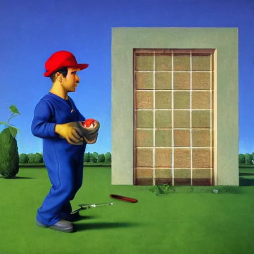 Image similar to an italian plumber emerges from a green pipe wearing blue overalls by Raphael, Hopper, and Rene Magritte. detailed, romantic, enchanting, trending on artstation.