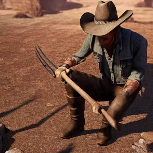 Image similar to a cowboy from the old west sit on the ground sobbing and crying with a small hole and a broken shovel near a riverbend with desperation and frustration rendered in unreal engine highly detailed