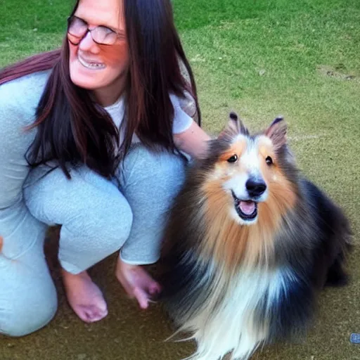 Image similar to a giant Sheltie is looking down at it's ant sized human owner