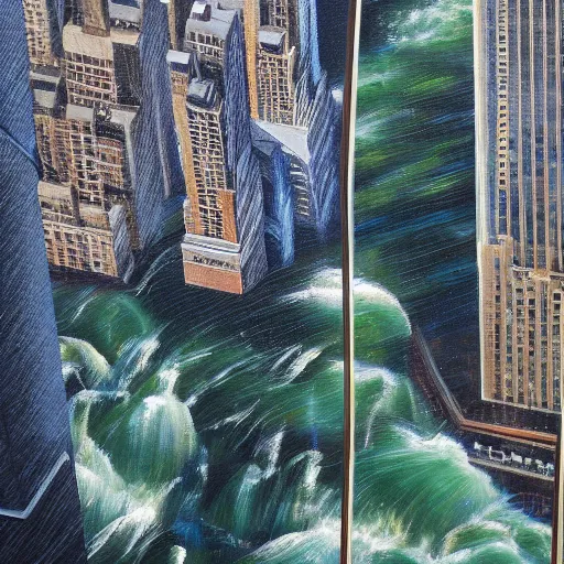 Image similar to an hyper - realist oil painting of waterfalls from the empire state building's windows, from below, wide angle, water falling from the windows, new york background, detailled, sharp focus, realistic, trending on artstation, cg society, 8 k, unreal