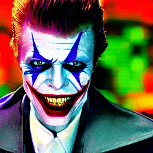 Prompt: stunning awe inspiring David Bowie as The Joker 8k hdr Batman movie still amazing lighting