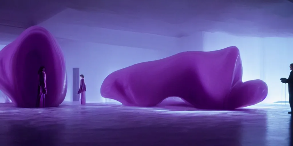 Image similar to cinestill of a giant form made of purple wax float through the living room film still from the movie directed by denis villeneuve with art direction, pouring rain menacing lights shadows, 8 k, hd, high resolution, 3 5 mm, f / 3 2, ultra realistic faces, lost highway