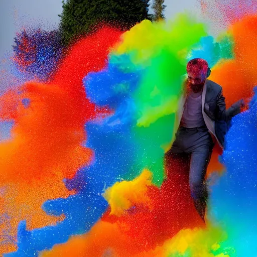 Prompt: a man dissolving in colorful powder explosion.