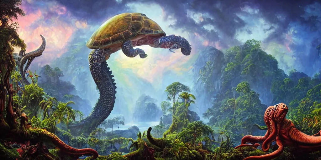 Image similar to fantasy oil painting, great leviathan, turtle cephalopod terrapin reptilian pachyderm amphibian hybrid, rainforest mountains, lush plants flowers, epic natural light, bright clouds, luminous sky, outer worlds, bright cinematic lighting, michael cheval, michael whelan, vray, 8 k hd