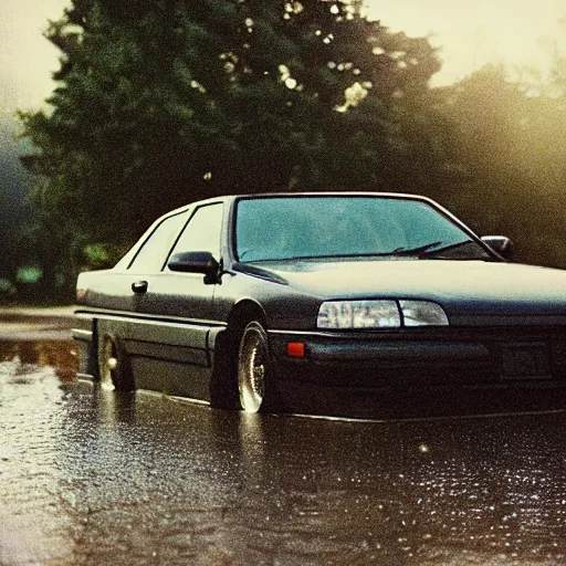 Image similar to 1990s perfect 8K HD professional cinematic photo of a car in dystopian world, at evening during rain, at instagram, Behance, Adobe Lightroom, with instagram filters, depth of field, taken with polaroid kodak portra