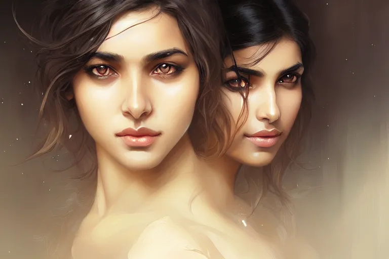 Image similar to sensual good looking pale young bengali girl with soulful eyes with a majestic german shepherd, portrait, elegant, intricate, digital painting, artstation, concept art, smooth, sharp focus, illustration, art by artgerm and greg rutkowski and alphonse mucha