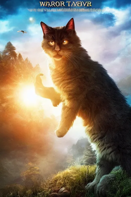 Image similar to a movie poster for warrior cats, depth of field, sun flare, hyper realistic, very detailed, backlighting, cgi