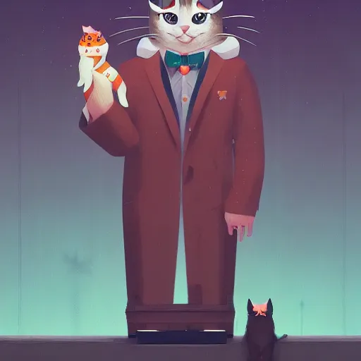 Image similar to cute fashion vogue kittycat man man wearing a cat costume wearing a tuxedo ripped physique simon stalenhag gerald brom bastien grivet greg rutkowski portrait