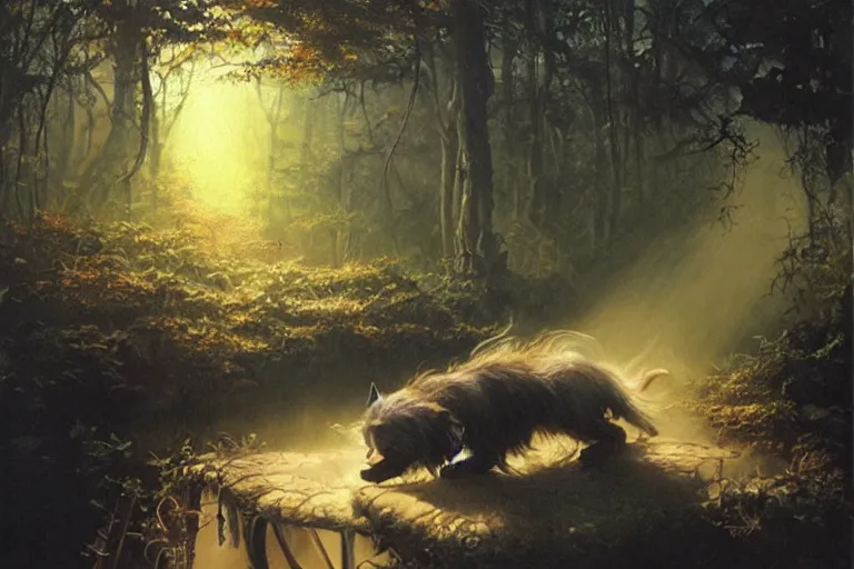 Prompt: stinky dog, ethereal back light, mist, coherent composition, detailed fantasy painting by noriyoshi ohrai