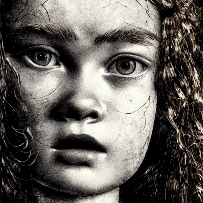 Image similar to extreme close - up on sadie sink as a miner who raises stale bread. background : black tiles on walls. black and white, pencil and ink. by gabriel hardman, joe alves, chris bonura. cinematic atmosphere, detailed and intricate, perfect anatomy