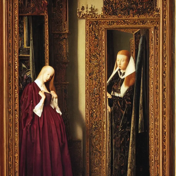 Image similar to a beautiful woman in a hall of mirrors, by Jan van Eyck