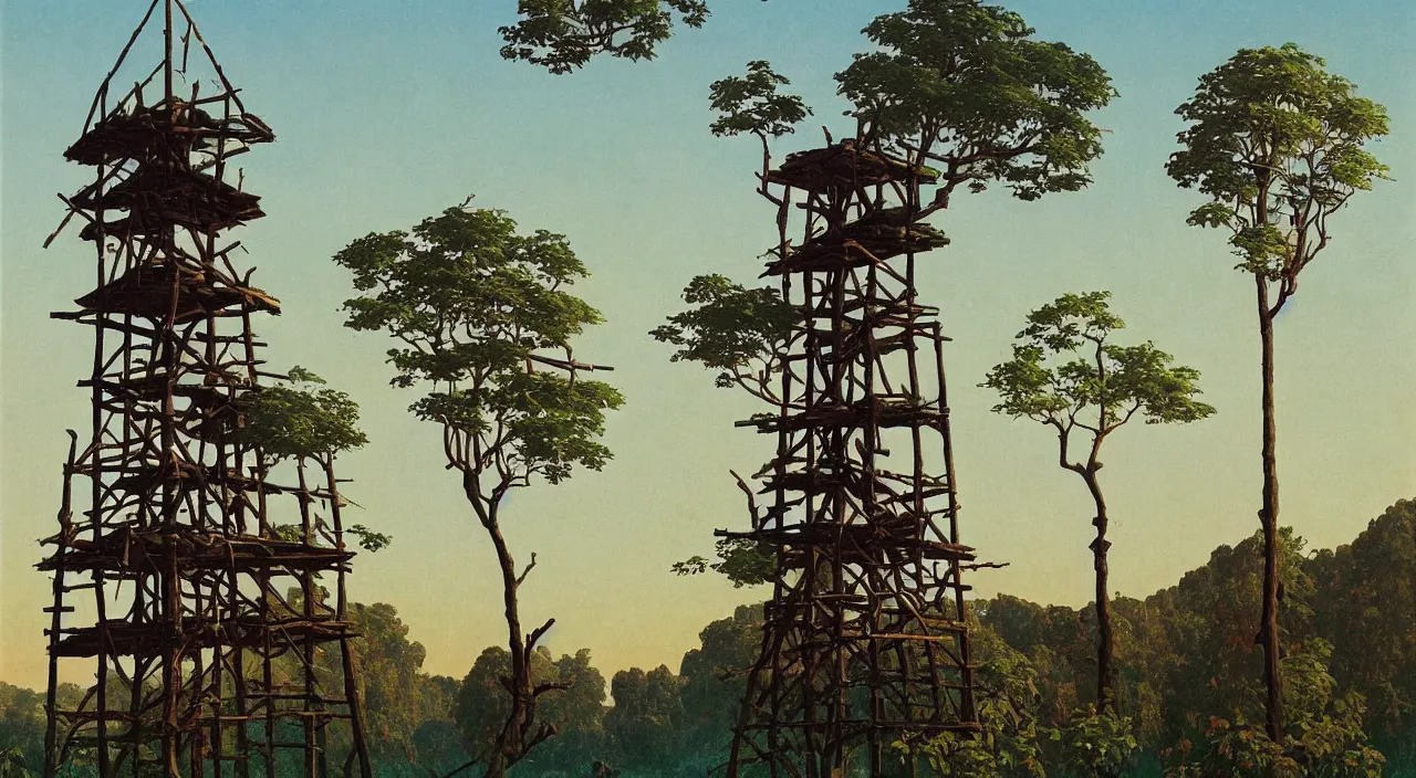 Image similar to single flooded simple wooden tree tower!, very coherent and colorful high contrast!! masterpiece by rene magritte simon stalenhag carl spitzweg syd mead norman rockwell edward hopper james gilleard, minimalist, dark shadows, sunny day, hard lighting