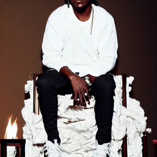 Image similar to pusha t sitting on a throne that is made of cocaine