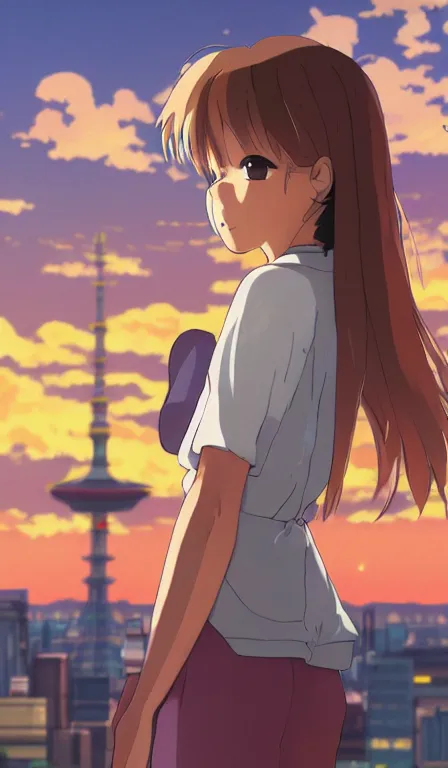 Image similar to anime fine details portrait of Makima in front of modern tokyo city landscape on the background deep bokeh, close-up view, anime masterpiece by Studio Ghibli, 8k, sharp high quality anime, artstation