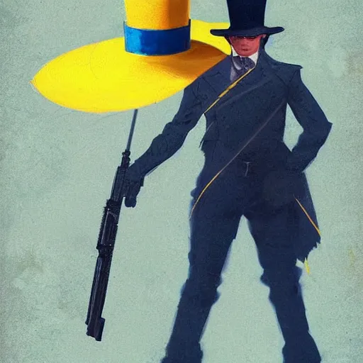 Image similar to superhero with tophat and a rifle in blue and yellow clothes, digital art, trending on artstation, by greg rutkowski