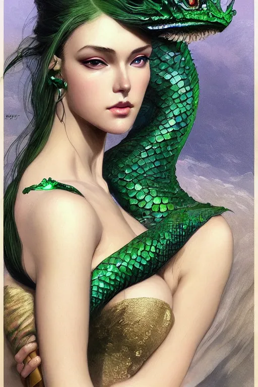 Prompt: a seductive beautiful lithuanian woman with a perfect anime face!!! shiny green iridescent dragon scale skin, serpentine features, bust portrait, gold jewelry, dnd, face, fantasy, intricate, elegant, highly detailed, digital painting, artstation, concept art, smooth, sharp focus, illustration, art by artgerm and greg rutkowski and alphonse mucha