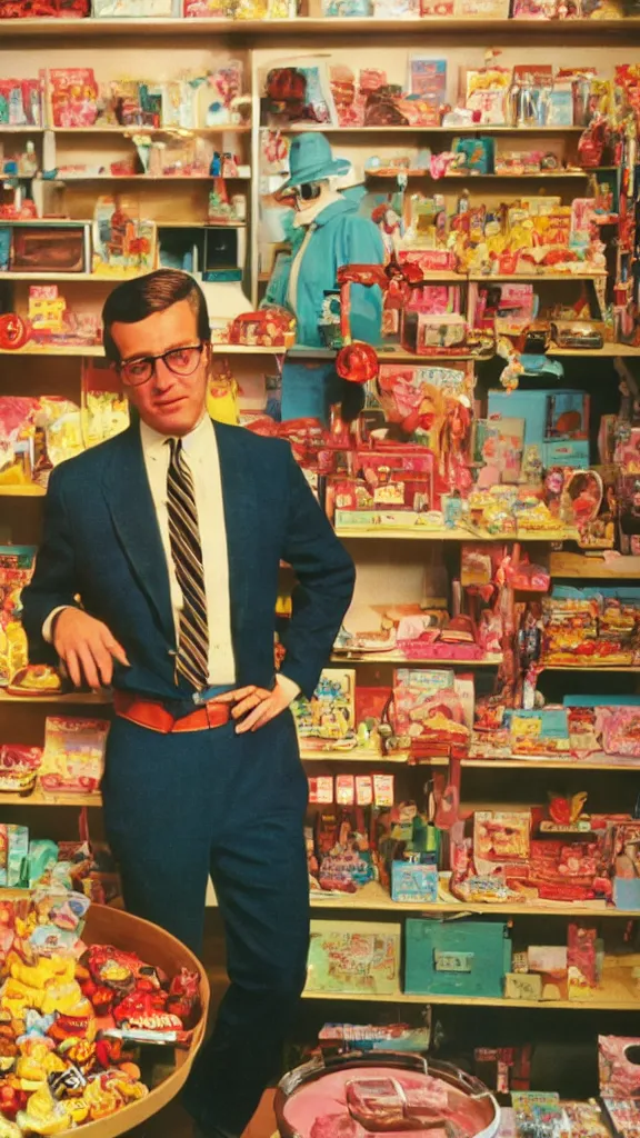 Image similar to closeup 6 0 s photo of a business man in a candy shop, kodachrome