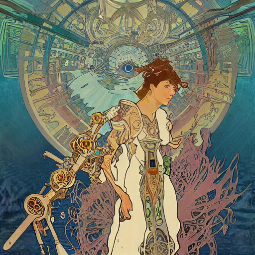 Image similar to alphonse mucha victo ngai hyperrealism combat photography of colossal combat mechs skirmishing each other with collateral damage of buildings and innocent bystanders, combat mechs huge rifles and missle explosions illusionary art psychedelic trippy gorgeous esoteric future desolate dismal dystopic future clarity coherent beautiful action cinematic photography photorealistic