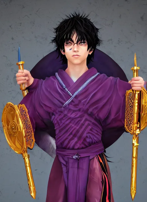 Image similar to An epic fantasy comic book style portrait painting of teenager boy with straight indigo hair, purple eyes with red eye markers, slim body, wearing a detailed Japanese kimono with golden armpieces, holding a pair of fans. Unreal 5, DAZ, hyperrealistic, octane render, cosplay, RPG portrait, dynamic lighting