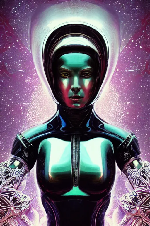 Image similar to retro-futuristic portrait of a beautiful female android wearing chrome armour, underwater, ornate background, ornate pattern, glowing eyes, evil expression, high details, intricate details, renaissance style, painting by vincent di fate, artgerm julie bell beeple, 80s, Smooth gradients, High contrast, depth of field, very coherent symmetrical artwork