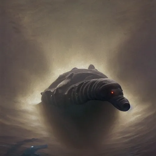 Image similar to An underwater photo of a demonic platypus swimming towards the camera out of the darkness, underwater cam, artstation, fantasy, concept art, dark, moonlight, incredible, smooth, sharp focus, illustration, art by greg rutkowski and orientalism and bouguereau and Zdzislaw Beksinski, good clear quality, lighting, biology, symmetrical artwork, perfect face, 135 mm, cinematic, hyper realism, high detail, octane render, 8k, blue and green accents