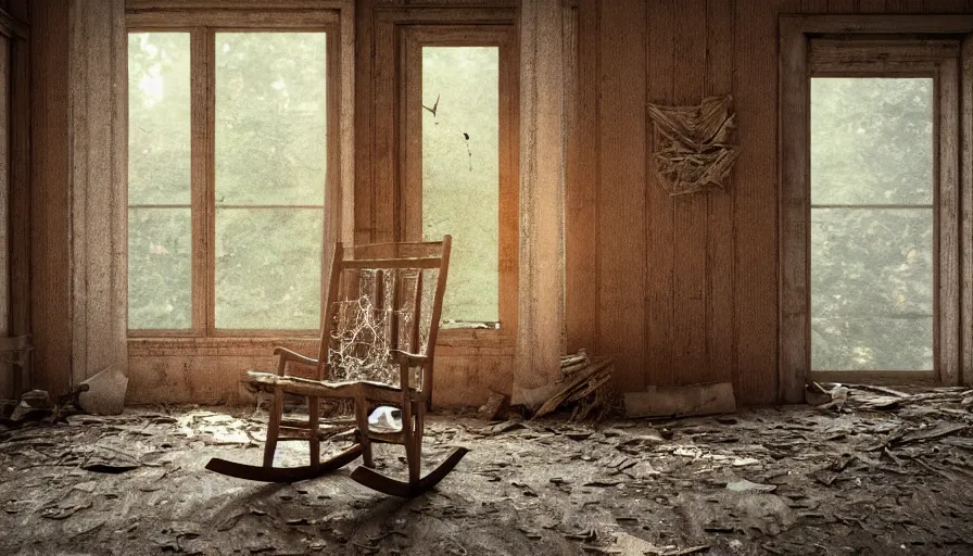 Image similar to old rocking chair covered by cobwebs in an abandoned dusty wooden manor, light through windows, hyperdetailed, artstation, cgsociety, 8 k