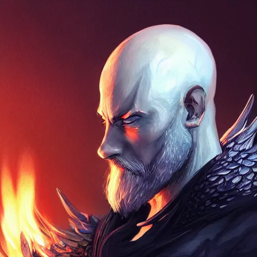 Prompt: full body anime style dragon in humanoid form, bald with a beard made of fire. fantasy style. very punk / alt aesthetic. wings and tail, a highly detailed, digital painting, artstation, concept art, matte, sharp focus, illustration, art by artgerm and greg rutkowski