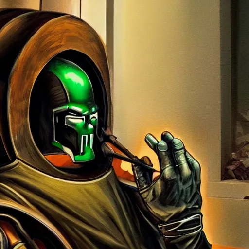 Prompt: photorealistic detail portrait of a doctor doom repairing his garbage machine, good lighting, trendy, good quality, smooth draw, sharp focus, trending on deviantart.