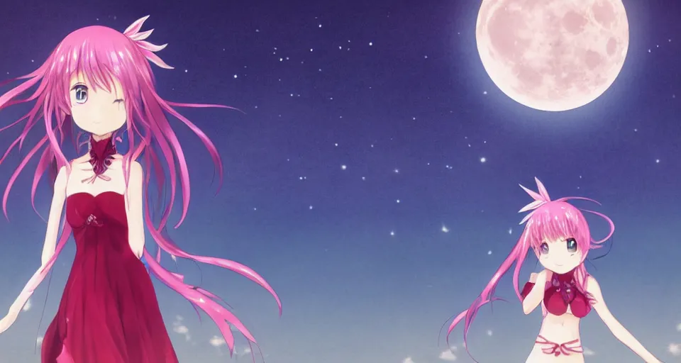 Prompt: one anime girl standing on a pier, blue shiny eyes, looking at the camera, cute, the ocean as background at twilight, big moon above the water, colorful, magical, smooth, extremely detailed, detailed face, devianArt, based on Puella Magi Madoka Magica