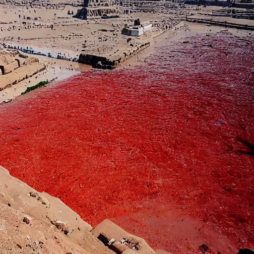 Image similar to bird's eye view of a river of blood flowing near the pyramids of giza