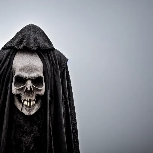 Image similar to dark figure with tattered cloak with skull instead of head on a mountain in gloomy fog, atmospheric lightning