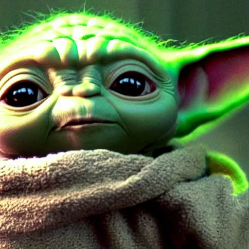 Prompt: a film still of baby yoda's kid talking to the spirit of yoda in star wars realistic, detailed