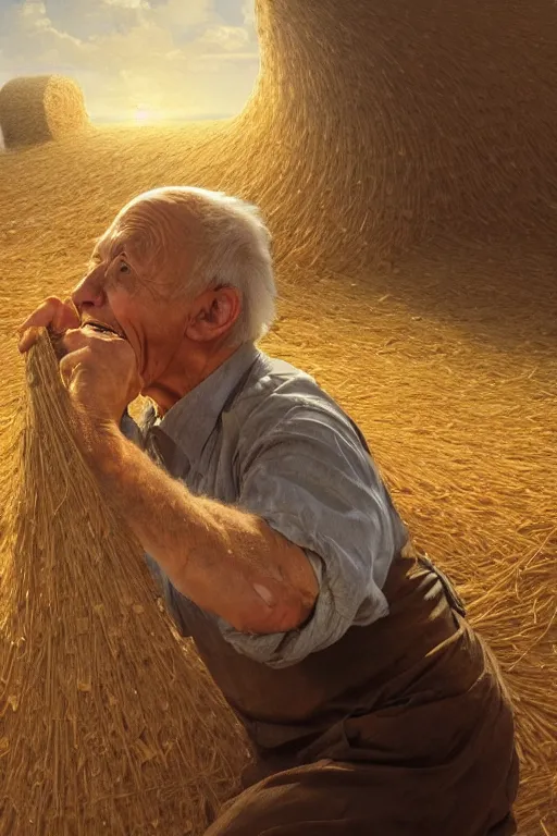 Image similar to an old man yelling at a pile of hay, realistic painting, symmetrical, highly detailed, digital painting, artstation, concept art, smooth, sharp focus, illustration, cinematic lighting, art by artgerm and greg rutkowski and alphonse mucha