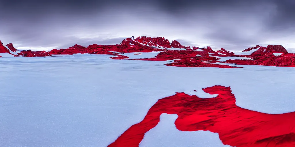 Image similar to a scenary of antartica with red snow, 8 k, detail, super detailed, awesome, award winning photography, 4 k hdr