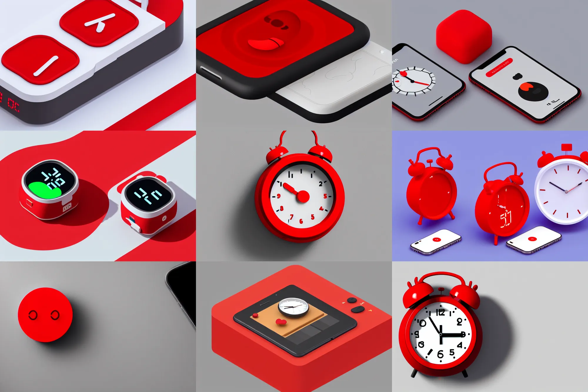 Prompt: Isometric clay render red iOS emoji alarm clock on a 2D white background, 4k UHD, isometric top down left view, diffuse lighting, zoomed out very far