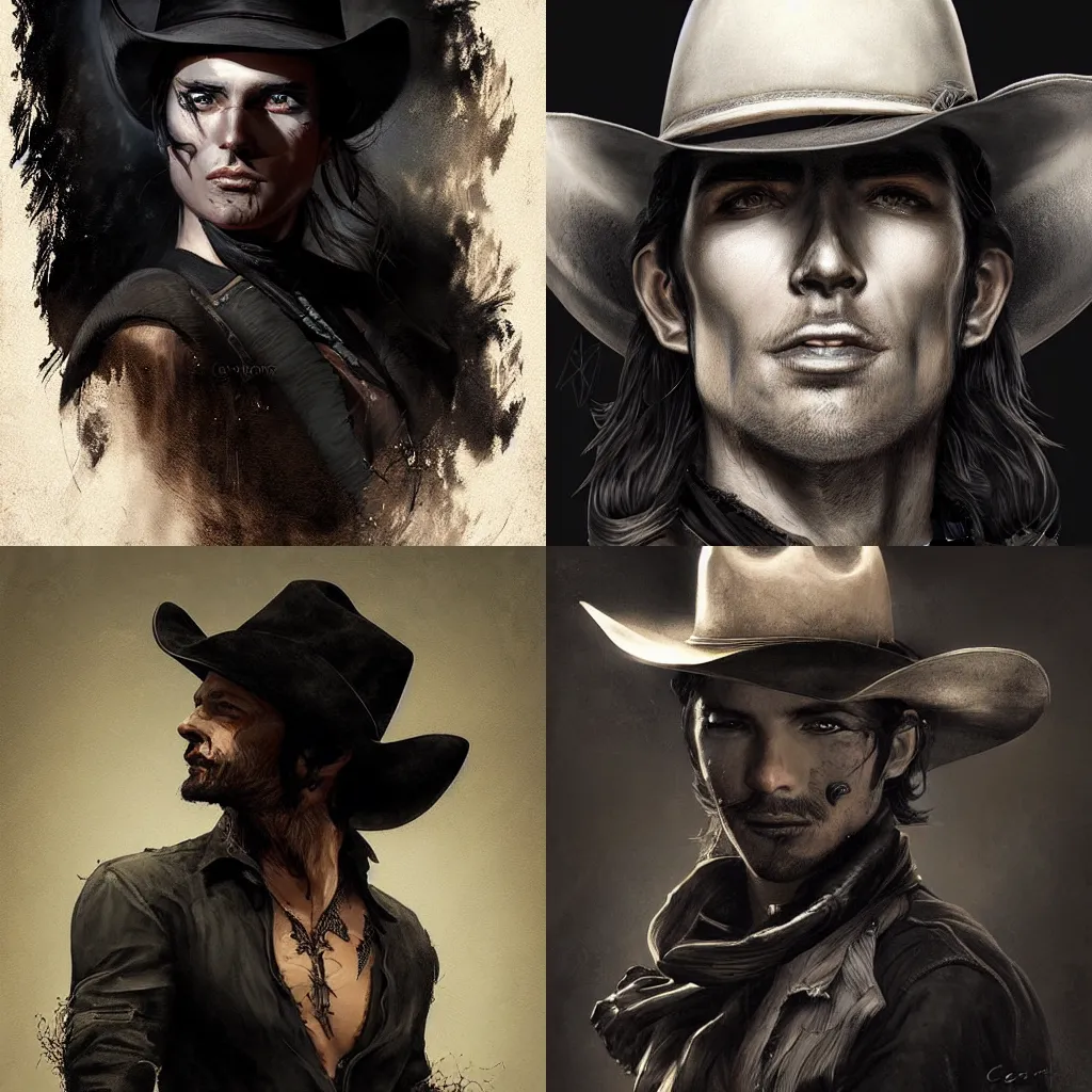 Prompt: cowboy dressed in black, portrait, digital art by cedric peyravernay, lise deharme, steve zheng, artgerm, john harris