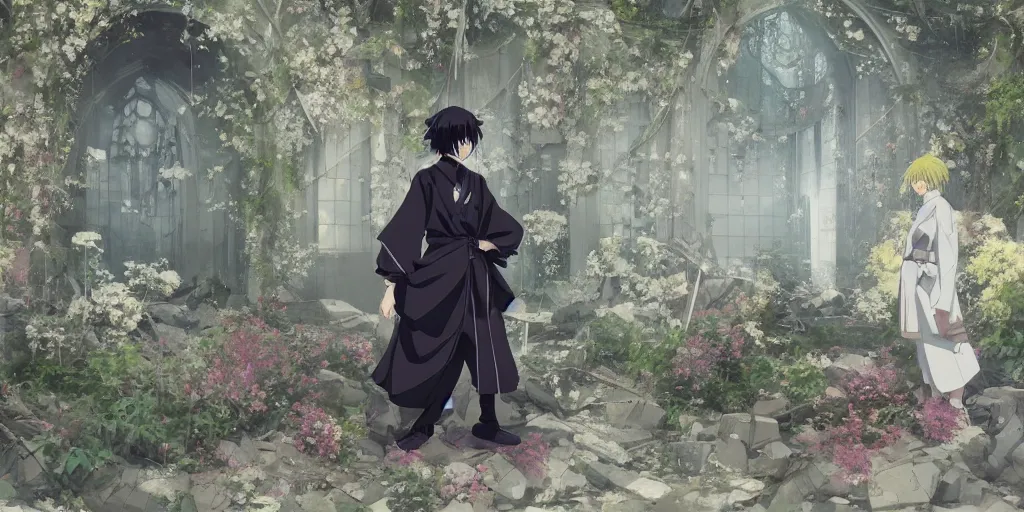 Image similar to anime kyoto animation key by greg rutkowski, perfectly detailed android hakama techwear in abandoned chapel with overgrown flowers and plants