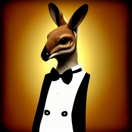 Prompt: spy kangaroo, in a strict suit with bowtie, like james bond, avatar image, digital art, minimalism