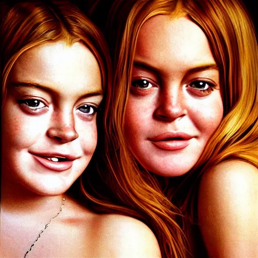 Prompt: intricate beautiful hyperreal portrait of a young lindsay lohan and a young lindsay lohan, smiling softly, casual clothes, relaxing on the couch, home interior, golden hour, close up shot, 8 k, art by irakli nadar, hyperrealism, hyperdetailed, ultra realistic