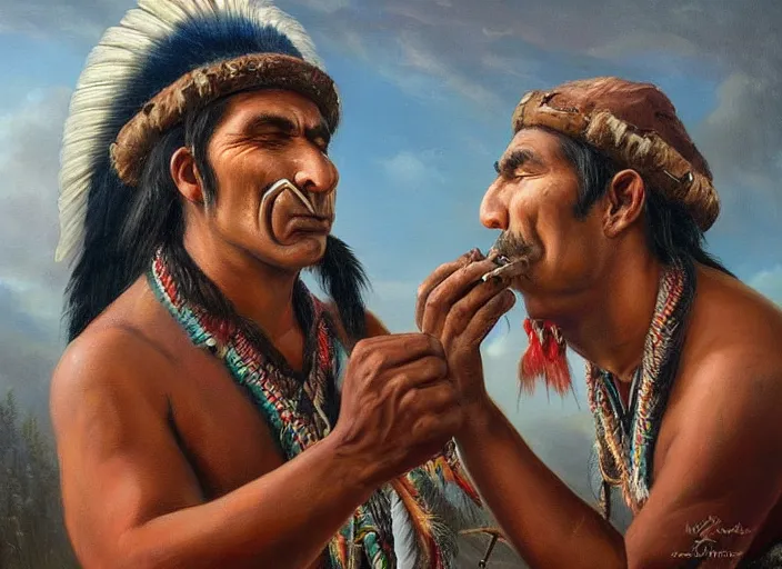 Image similar to a beautiful painting of an indigenous man blowing tobacco snuff into the nose of another man , fantasy art, matte painting, highly detailed