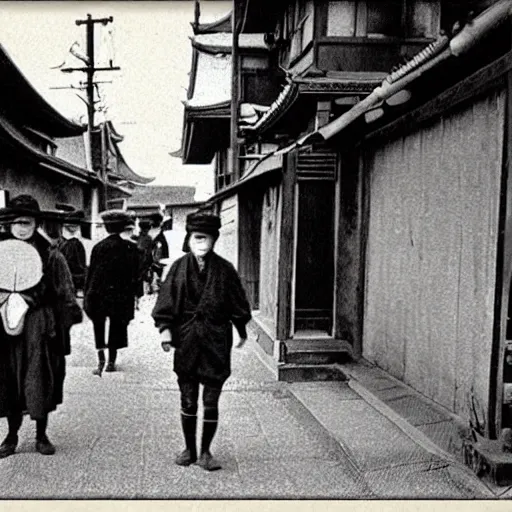 Prompt: grainy vintage photo of a time traveler walking the streets of 1910s Japan